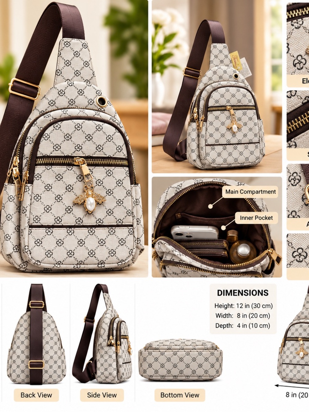 New Women’s Beige Patterned Sling Backpack Crossbody Bag